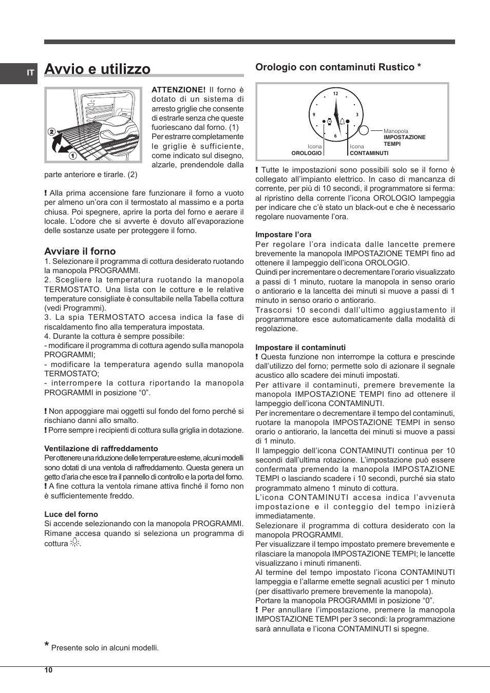 Avvio e utilizzo, Avviare il forno, Orologio con contaminuti rustico | Indesit FMR-54-K.A-(RA) User Manual | Page 10 / 36