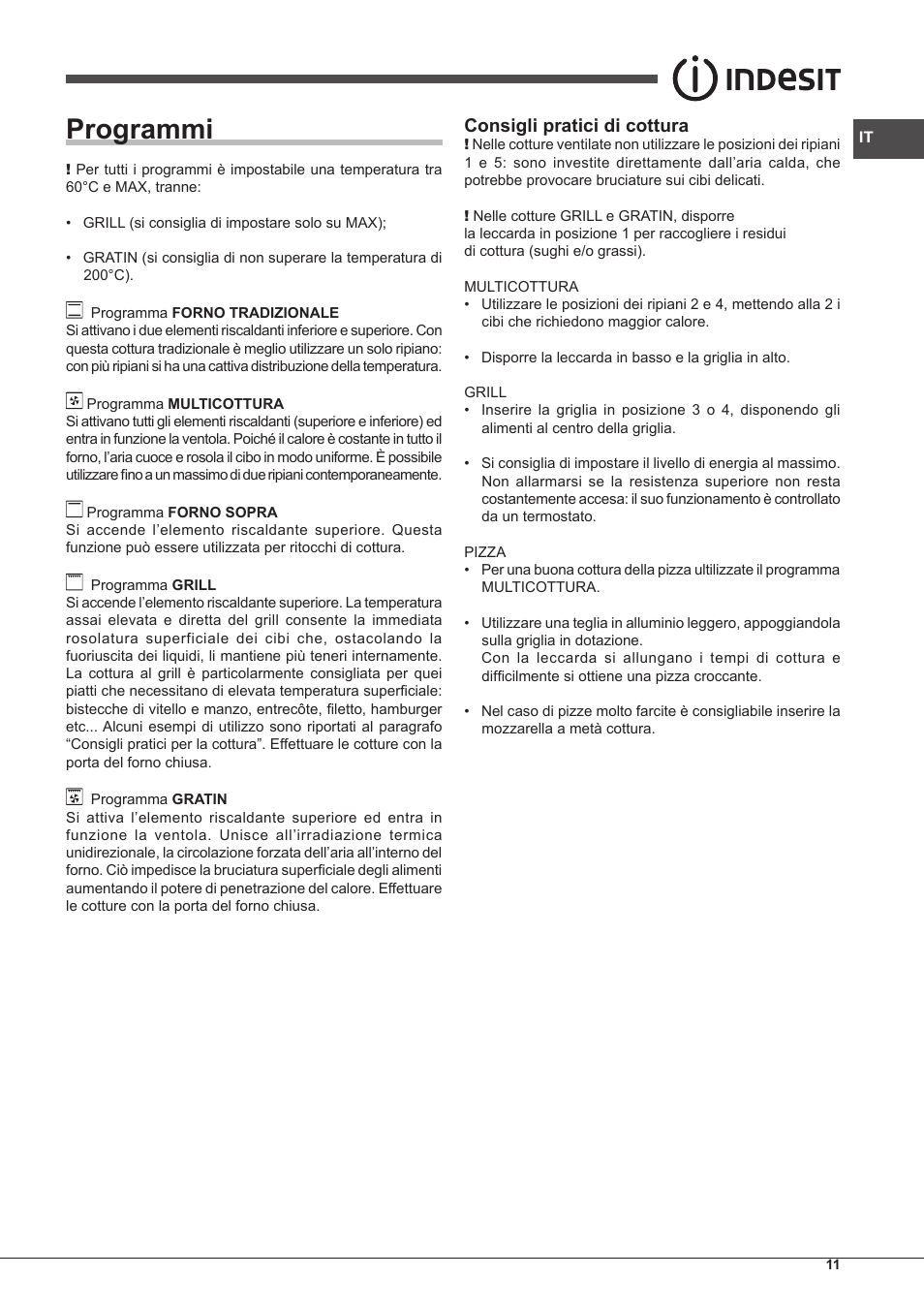 Programmi, Consigli pratici di cottura | Indesit FMR-54-K.A-(RA) User Manual | Page 11 / 36