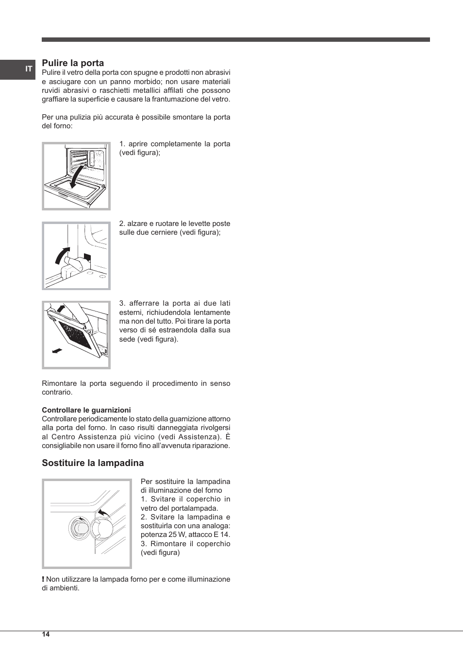 Pulire la porta, Sostituire la lampadina | Indesit FMR-54-K.A-(RA) User Manual | Page 14 / 36