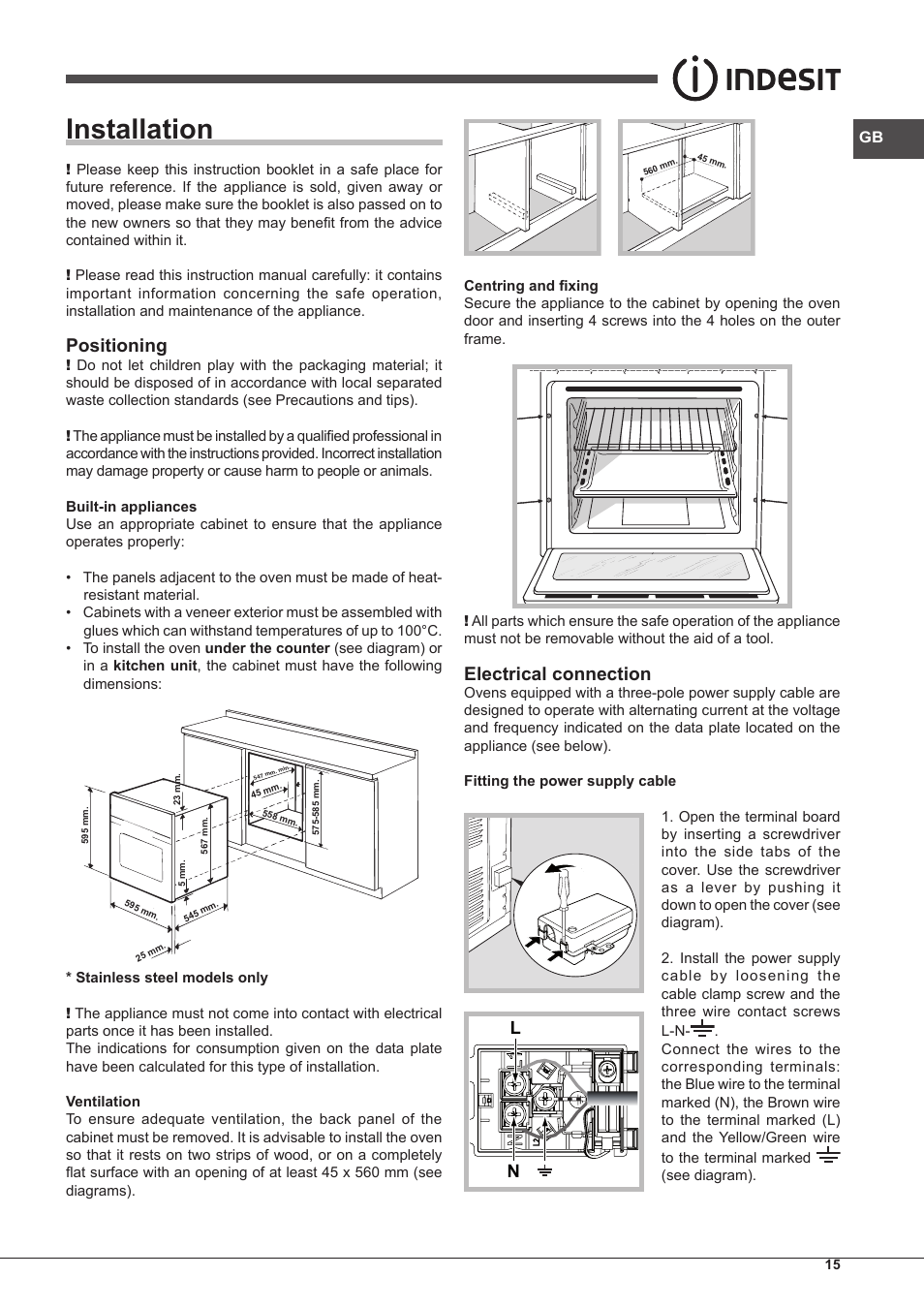 Installation, Positioning, Electrical connection | Indesit FMR-54-K.A-(RA) User Manual | Page 15 / 36