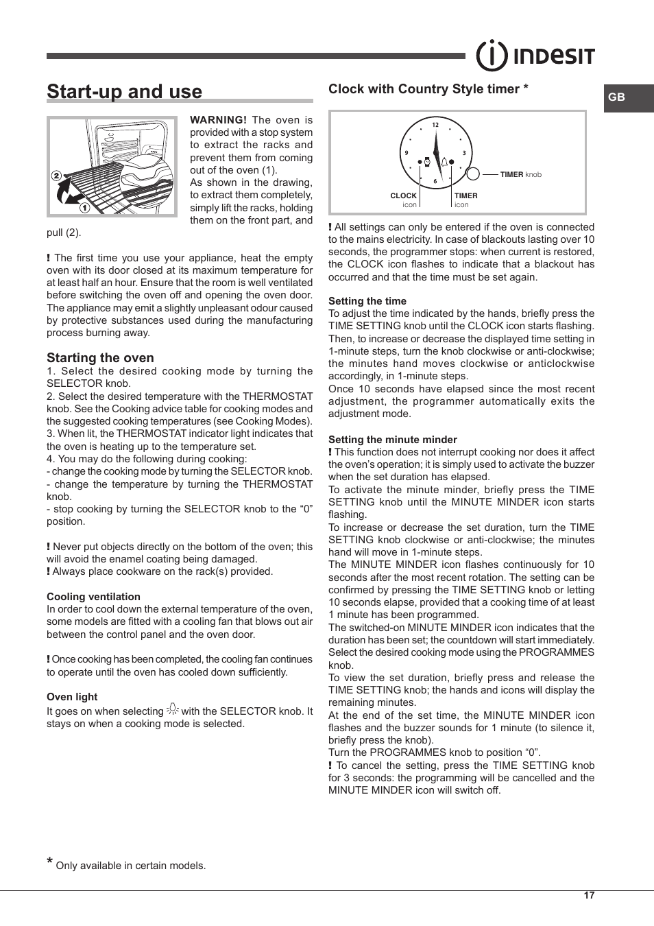 Start-up and use, Starting the oven, Clock with country style timer | Indesit FMR-54-K.A-(RA) User Manual | Page 17 / 36