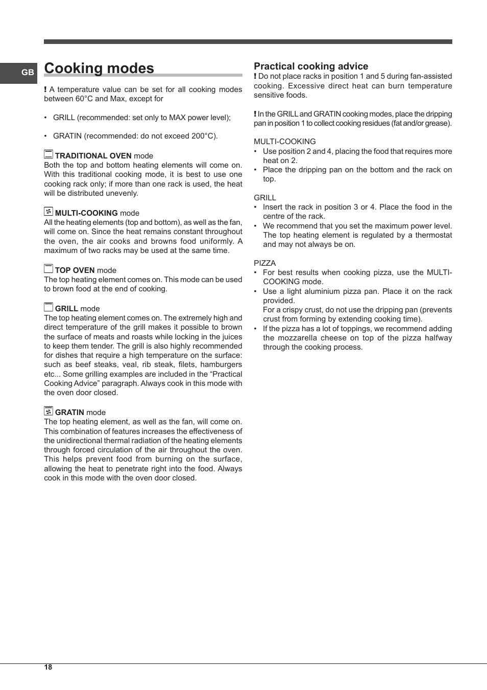 Cooking modes, Practical cooking advice | Indesit FMR-54-K.A-(RA) User Manual | Page 18 / 36