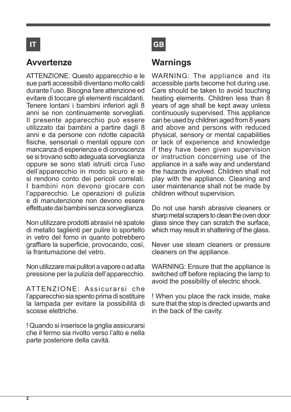 Avvertenze, Warnings | Indesit FMR-54-K.A-(RA) User Manual | Page 2 / 36