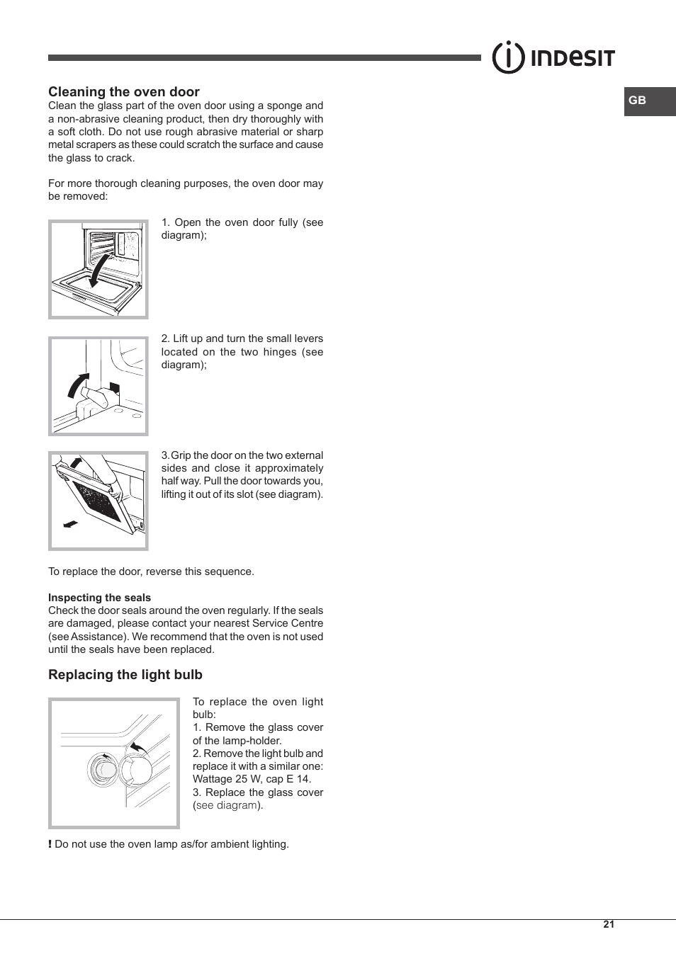 Cleaning the oven door, Replacing the light bulb | Indesit FMR-54-K.A-(RA) User Manual | Page 21 / 36
