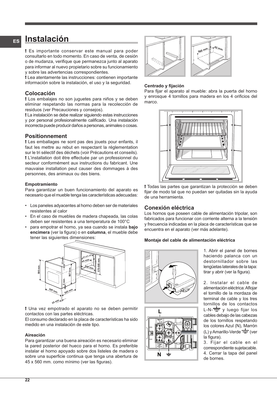 Instalación, Colocación, Positionnement | Conexión eléctrica | Indesit FMR-54-K.A-(RA) User Manual | Page 22 / 36