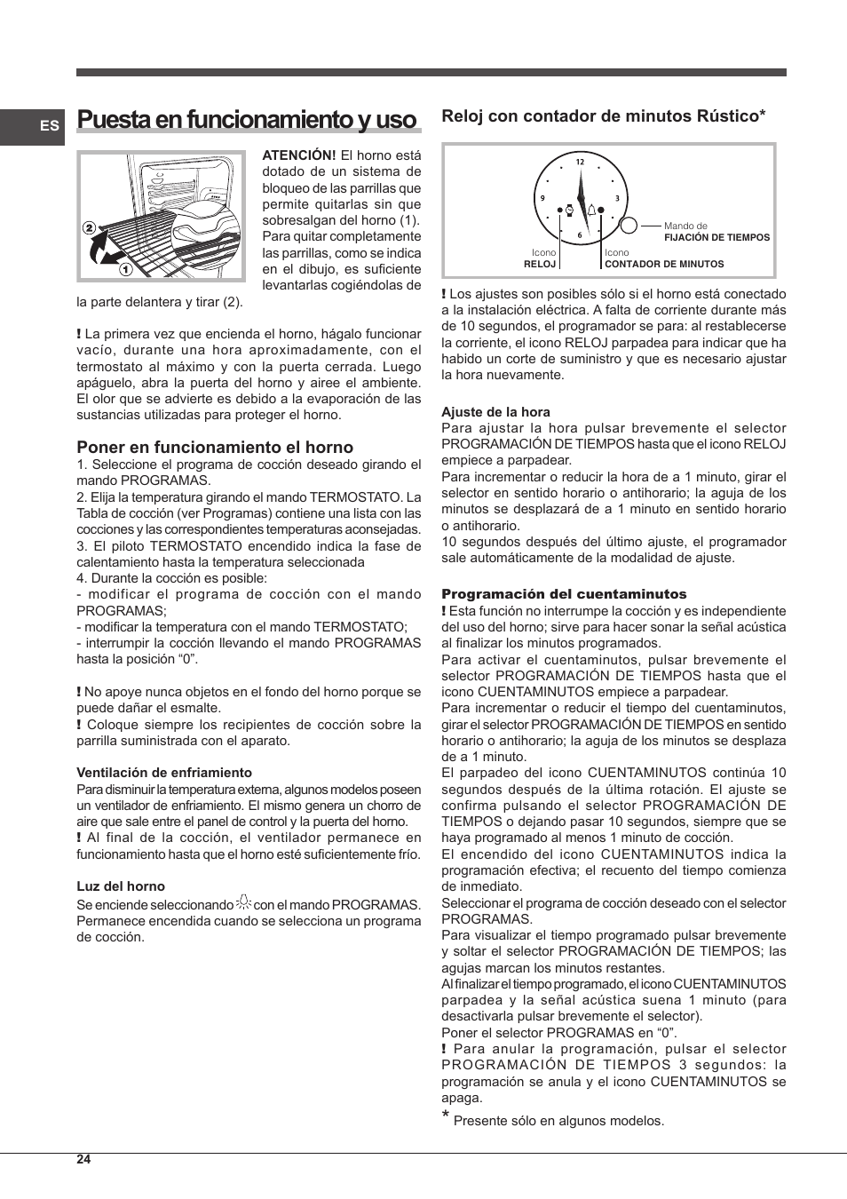 Puesta en funcionamiento y uso, Poner en funcionamiento el horno, Reloj con contador de minutos rústico | Indesit FMR-54-K.A-(RA) User Manual | Page 24 / 36