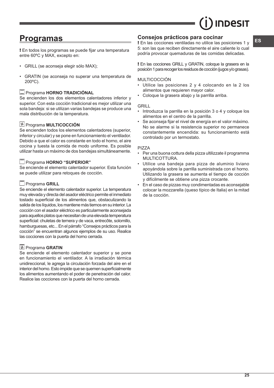 Programas, Consejos prácticos para cocinar | Indesit FMR-54-K.A-(RA) User Manual | Page 25 / 36