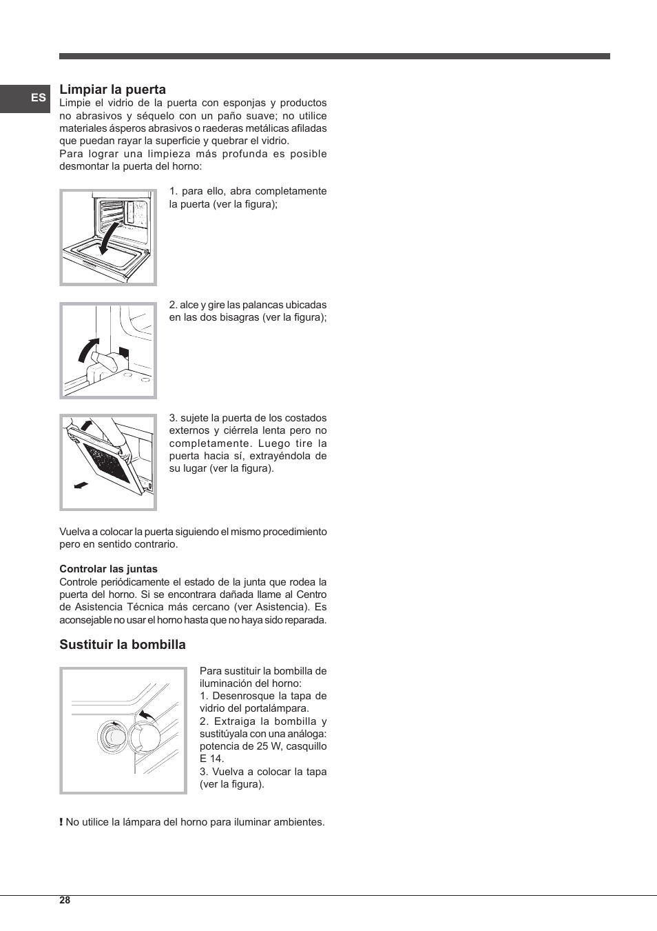 Limpiar la puerta, Sustituir la bombilla | Indesit FMR-54-K.A-(RA) User Manual | Page 28 / 36