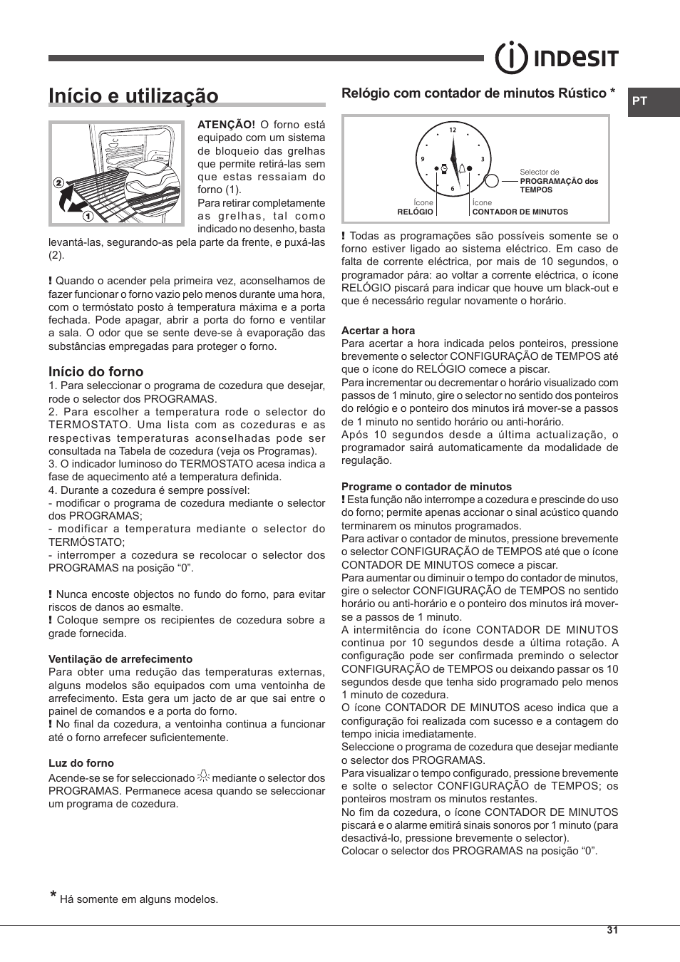 Início e utilização, Início do forno, Relógio com contador de minutos rústico | Indesit FMR-54-K.A-(RA) User Manual | Page 31 / 36