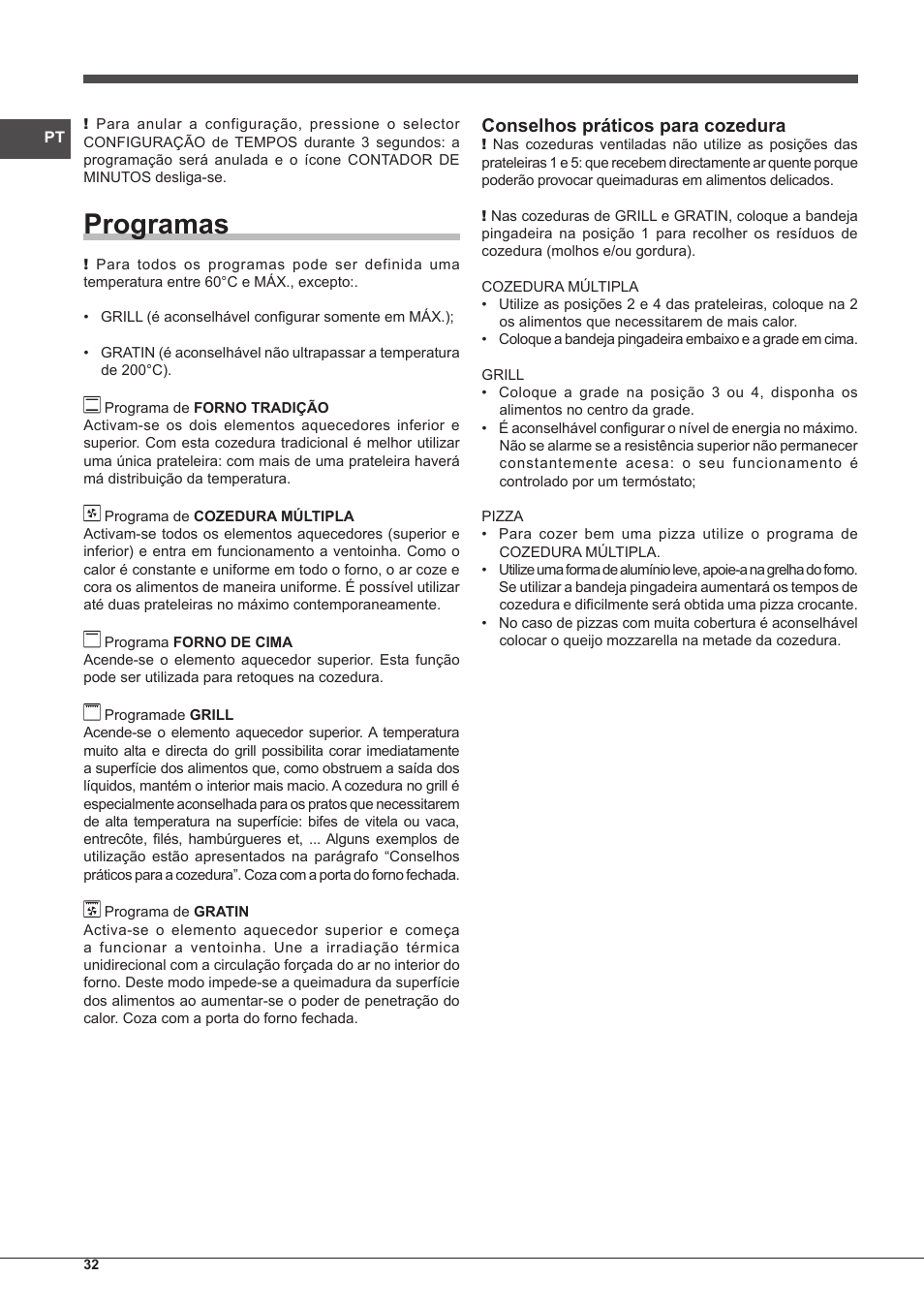Programas, Conselhos práticos para cozedura | Indesit FMR-54-K.A-(RA) User Manual | Page 32 / 36