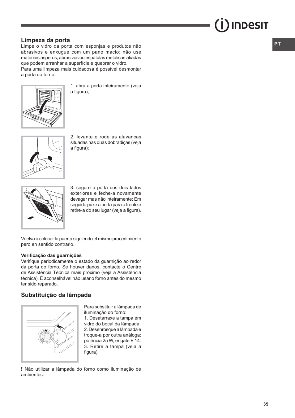 Limpeza da porta, Substituição da lâmpada | Indesit FMR-54-K.A-(RA) User Manual | Page 35 / 36