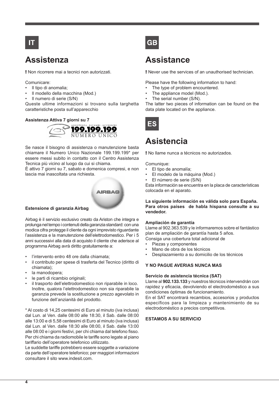 Assistenza, Assistance, Asistencia | Indesit FMR-54-K.A-(RA) User Manual | Page 4 / 36