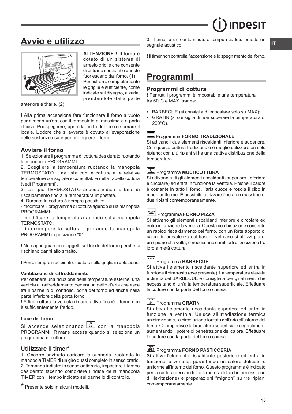 Avvio e utilizzo, Programmi, Avviare il forno | Utilizzare il timer, Programmi di cottura | Indesit FIM-61-K.A-IX-S User Manual | Page 15 / 68