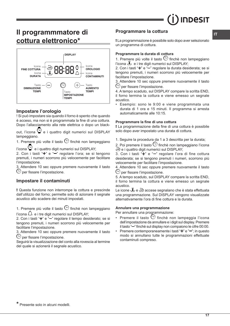 Il programmmatore di cottura elettronico, Impostare l’orologio, Impostare il contaminuti | Programmare la cottura | Indesit FIM-61-K.A-IX-S User Manual | Page 17 / 68