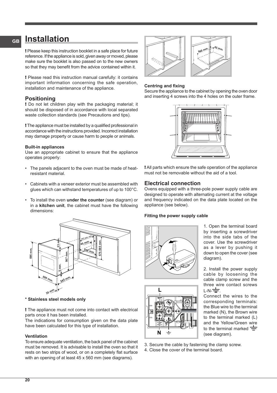 Installation, Positioning, Electrical connection | Indesit FIM-61-K.A-IX-S User Manual | Page 20 / 68