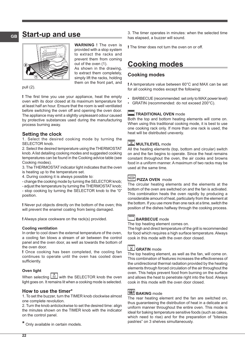 Start-up and use, Cooking modes, Setting the clock | How to use the timer | Indesit FIM-61-K.A-IX-S User Manual | Page 22 / 68