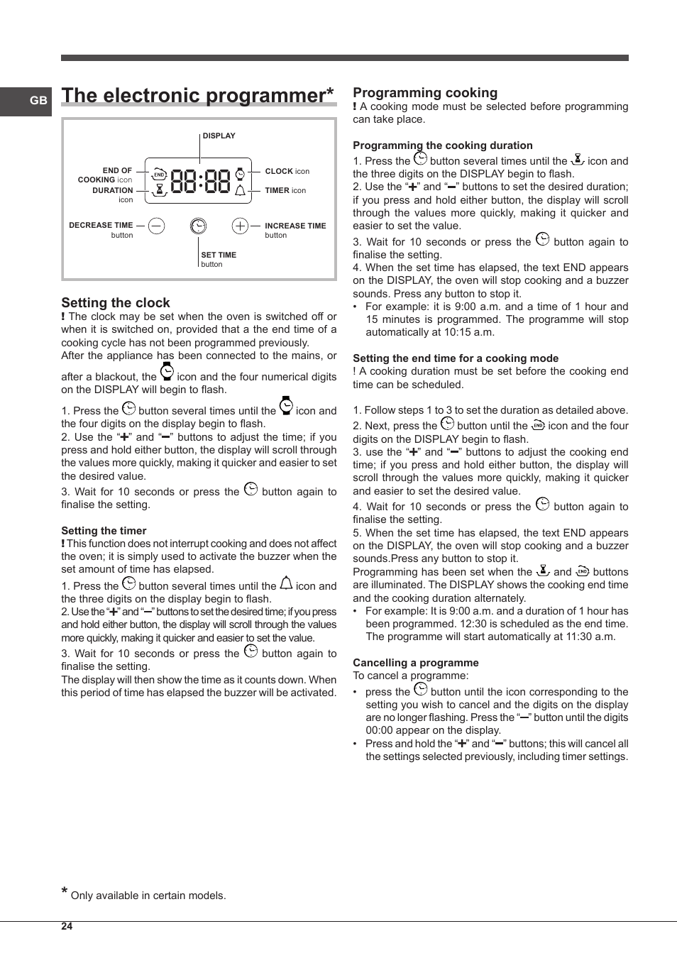 The electronic programmer, Setting the clock, Programming cooking | Indesit FIM-61-K.A-IX-S User Manual | Page 24 / 68
