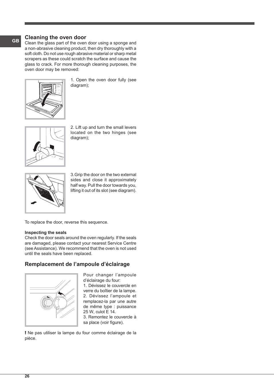 Cleaning the oven door, Remplacement de l’ampoule d’éclairage | Indesit FIM-61-K.A-IX-S User Manual | Page 26 / 68