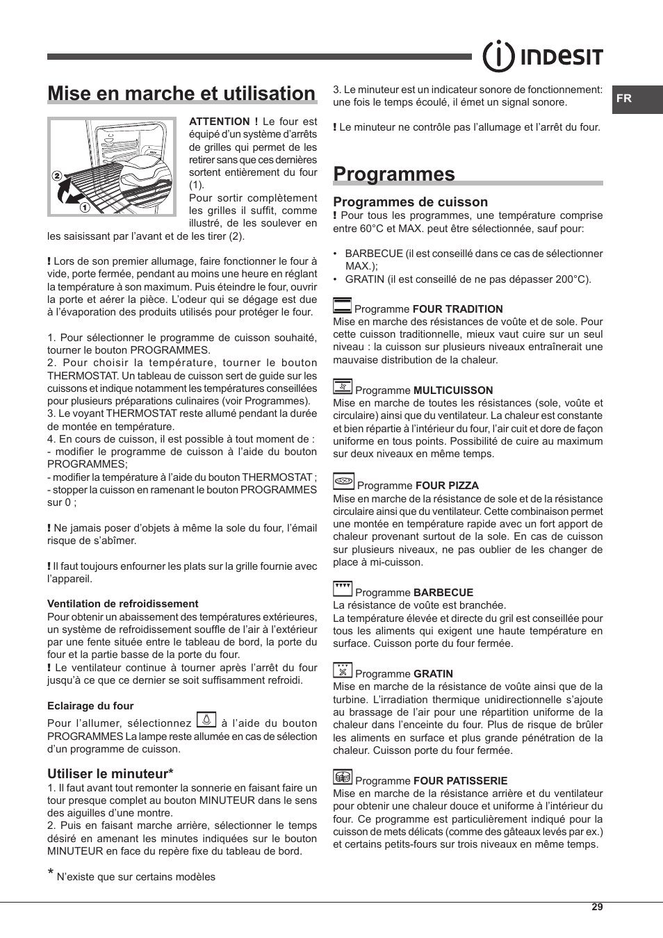 Mise en marche et utilisation, Programmes, Utiliser le minuteur | Programmes de cuisson | Indesit FIM-61-K.A-IX-S User Manual | Page 29 / 68