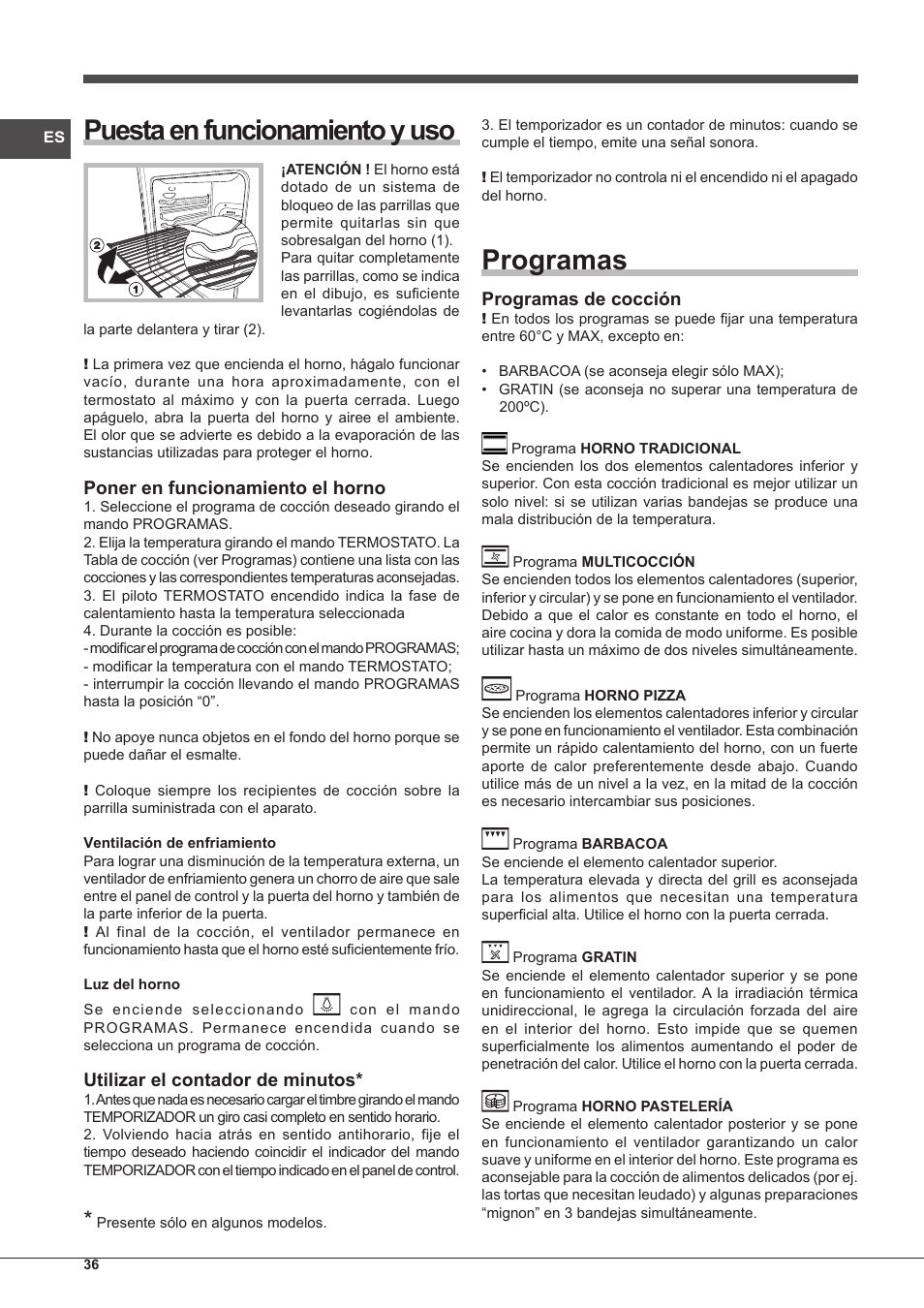 Puesta en funcionamiento y uso, Programas, Poner en funcionamiento el horno | Utilizar el contador de minutos, Programas de cocción | Indesit FIM-61-K.A-IX-S User Manual | Page 36 / 68