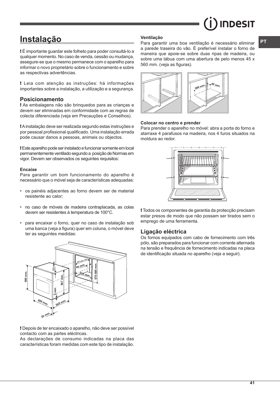 Instalação, Posicionamento, Ligação eléctrica | Indesit FIM-61-K.A-IX-S User Manual | Page 41 / 68