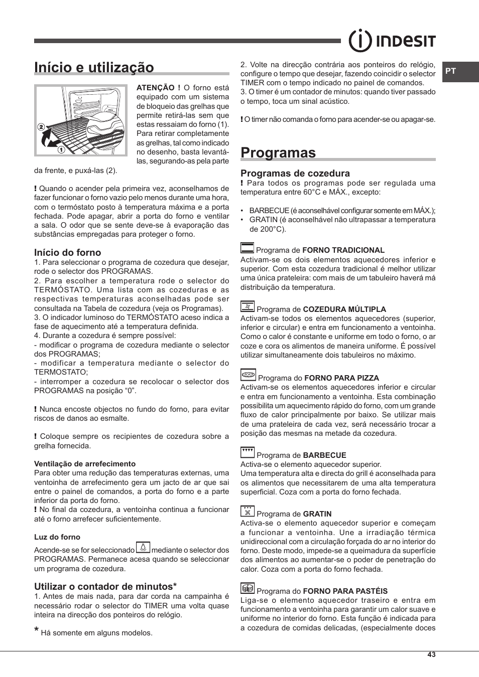 Início e utilização, Programas, Início do forno | Utilizar o contador de minutos, Programas de cozedura | Indesit FIM-61-K.A-IX-S User Manual | Page 43 / 68
