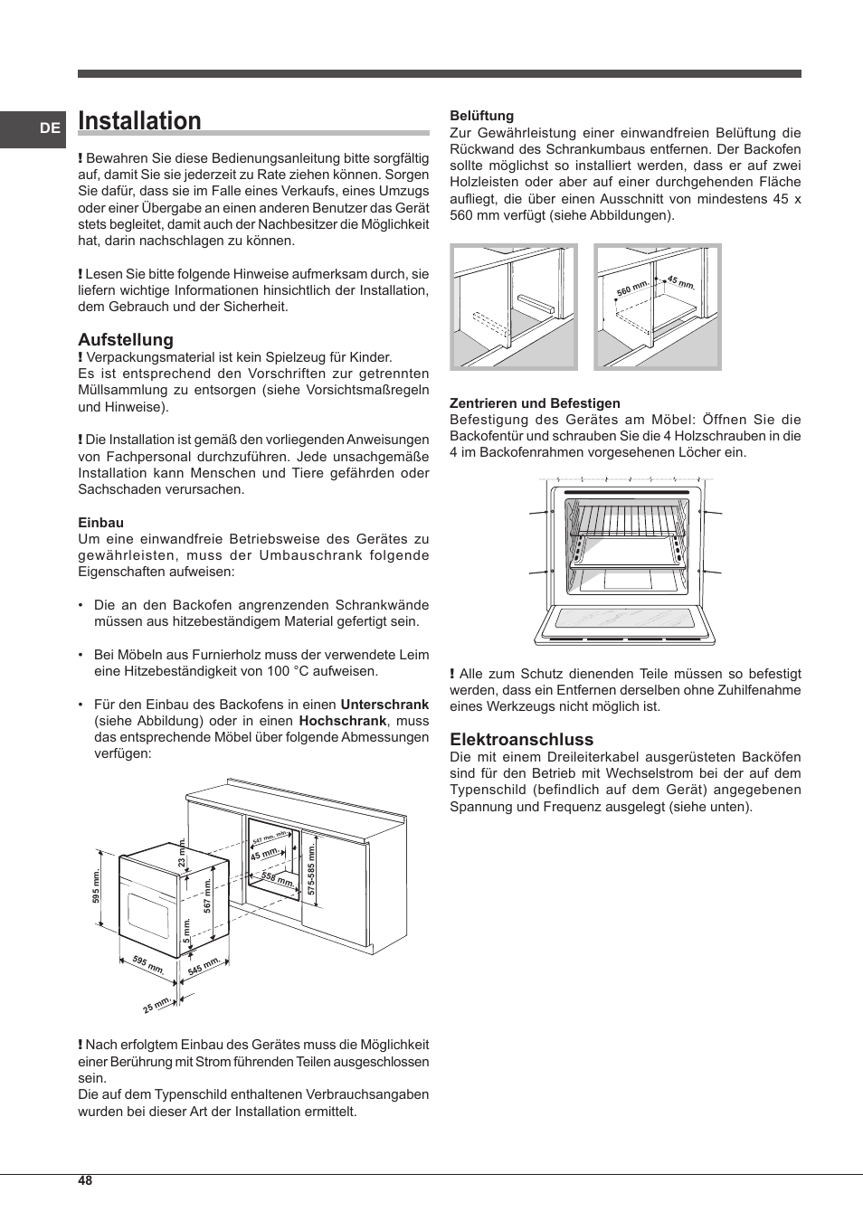 Installation, Aufstellung, Elektroanschluss | Indesit FIM-61-K.A-IX-S User Manual | Page 48 / 68