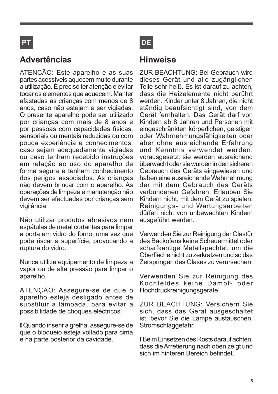 Advertências, Hinweise | Indesit FIM-61-K.A-IX-S User Manual | Page 5 / 68