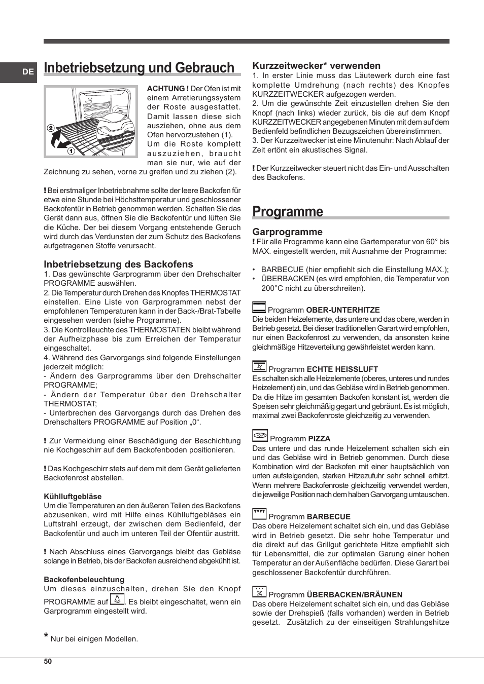 Inbetriebsetzung und gebrauch, Programme, Inbetriebsetzung des backofens | Kurzzeitwecker* verwenden, Garprogramme | Indesit FIM-61-K.A-IX-S User Manual | Page 50 / 68