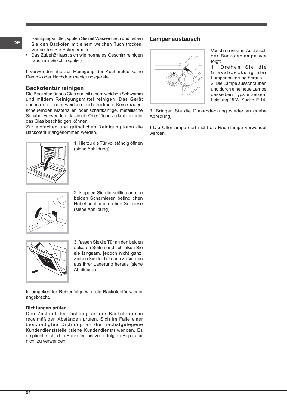 Backofentür reinigen, Lampenaustausch | Indesit FIM-61-K.A-IX-S User Manual | Page 54 / 68