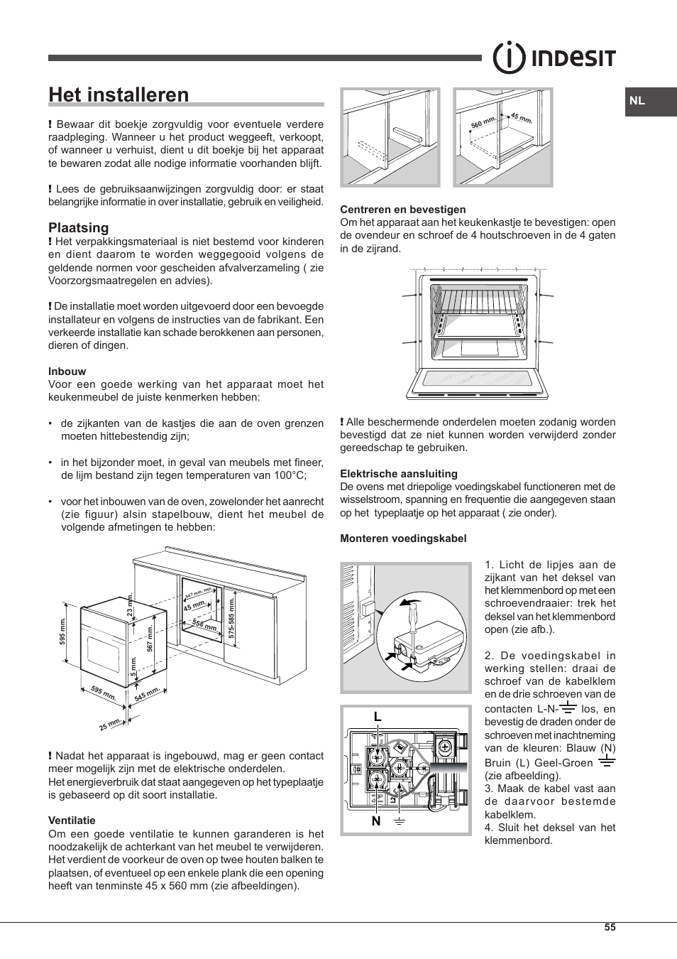 Het installeren, Plaatsing | Indesit FIM-61-K.A-IX-S User Manual | Page 55 / 68