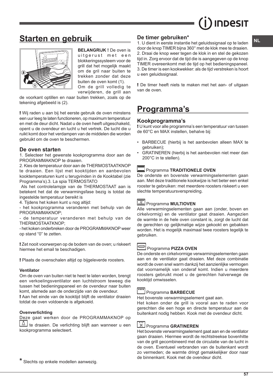 Starten en gebruik, Programma’s, De oven starten | De timer gebruiken, Kookprogramma’s | Indesit FIM-61-K.A-IX-S User Manual | Page 57 / 68