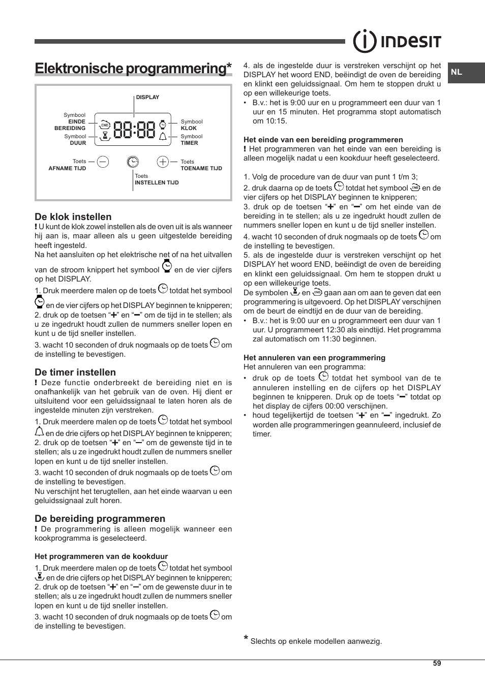 Elektronische programmering, De klok instellen, De timer instellen | De bereiding programmeren | Indesit FIM-61-K.A-IX-S User Manual | Page 59 / 68