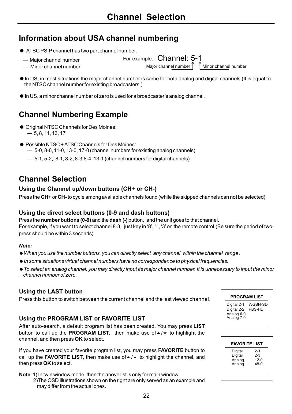 页面 24, Channel selection, Information about usa channel numbering | Channel numbering example, Channel: 5-1 | Audiovox FPE4707HR User Manual | Page 24 / 54