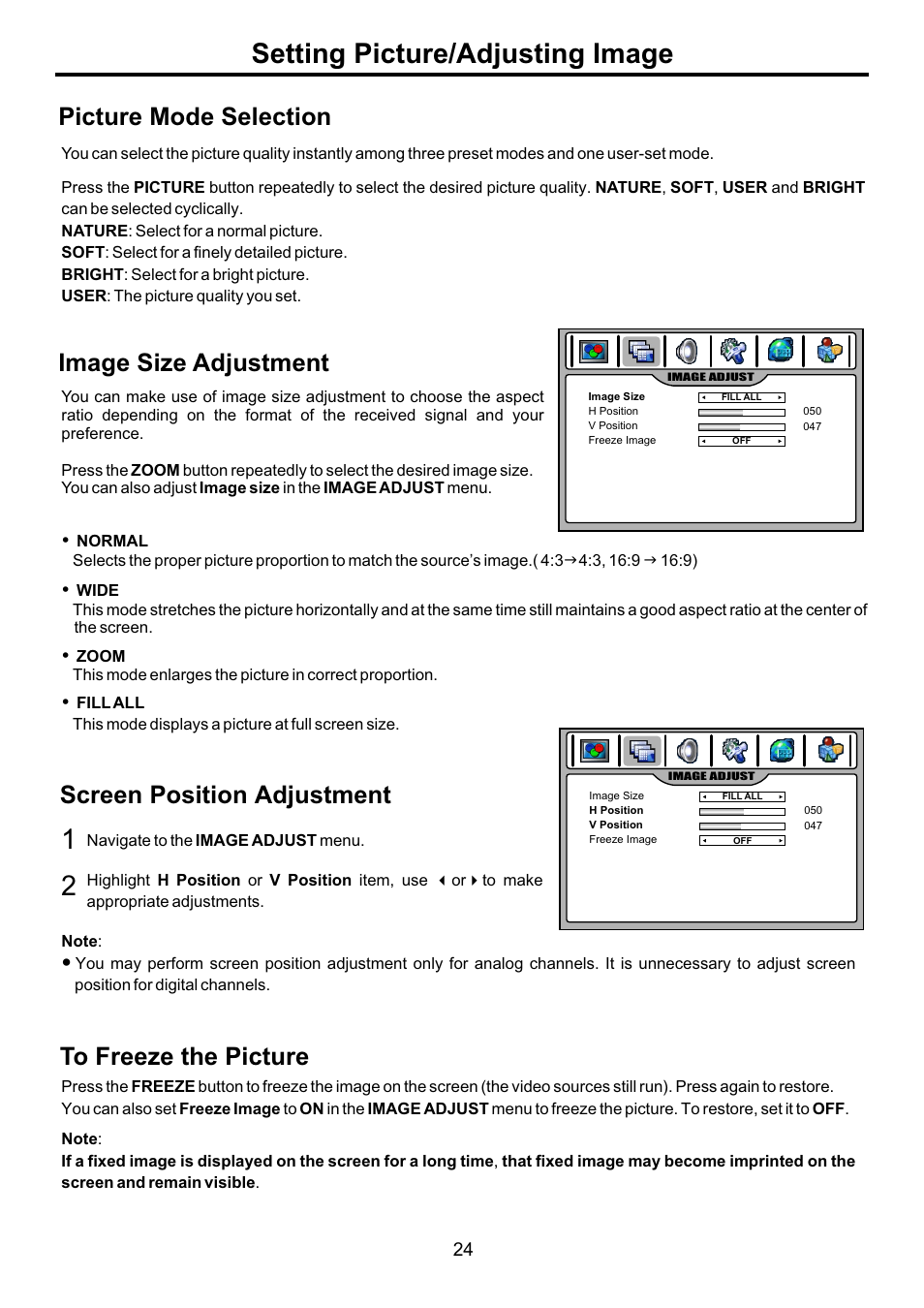页面 26, Setting picture/adjusting image, Picture mode selection | Image size adjustment | Audiovox FPE4707HR User Manual | Page 26 / 54