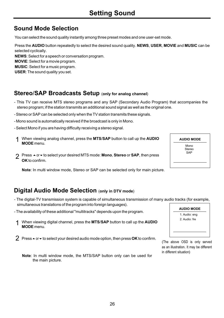 页面 28, Setting sound, Sound mode selection | Stereo / sap broadcasts setup, Digital audio mode selection | Audiovox FPE4707HR User Manual | Page 28 / 54
