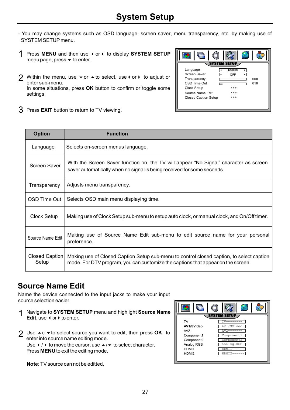 页面 29, System setup 1 2, Source name edit | Audiovox FPE4707HR User Manual | Page 29 / 54
