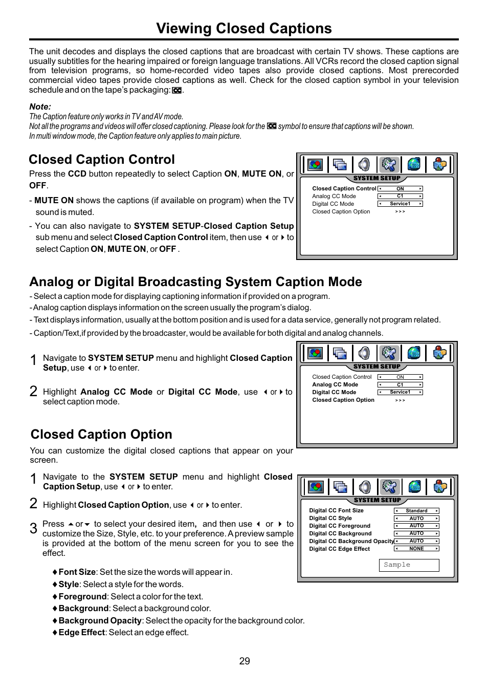 页面 31, Viewing closed captions, Closed caption control | Analog or digital broadcasting system caption mode, Closed caption option | Audiovox FPE4707HR User Manual | Page 31 / 54