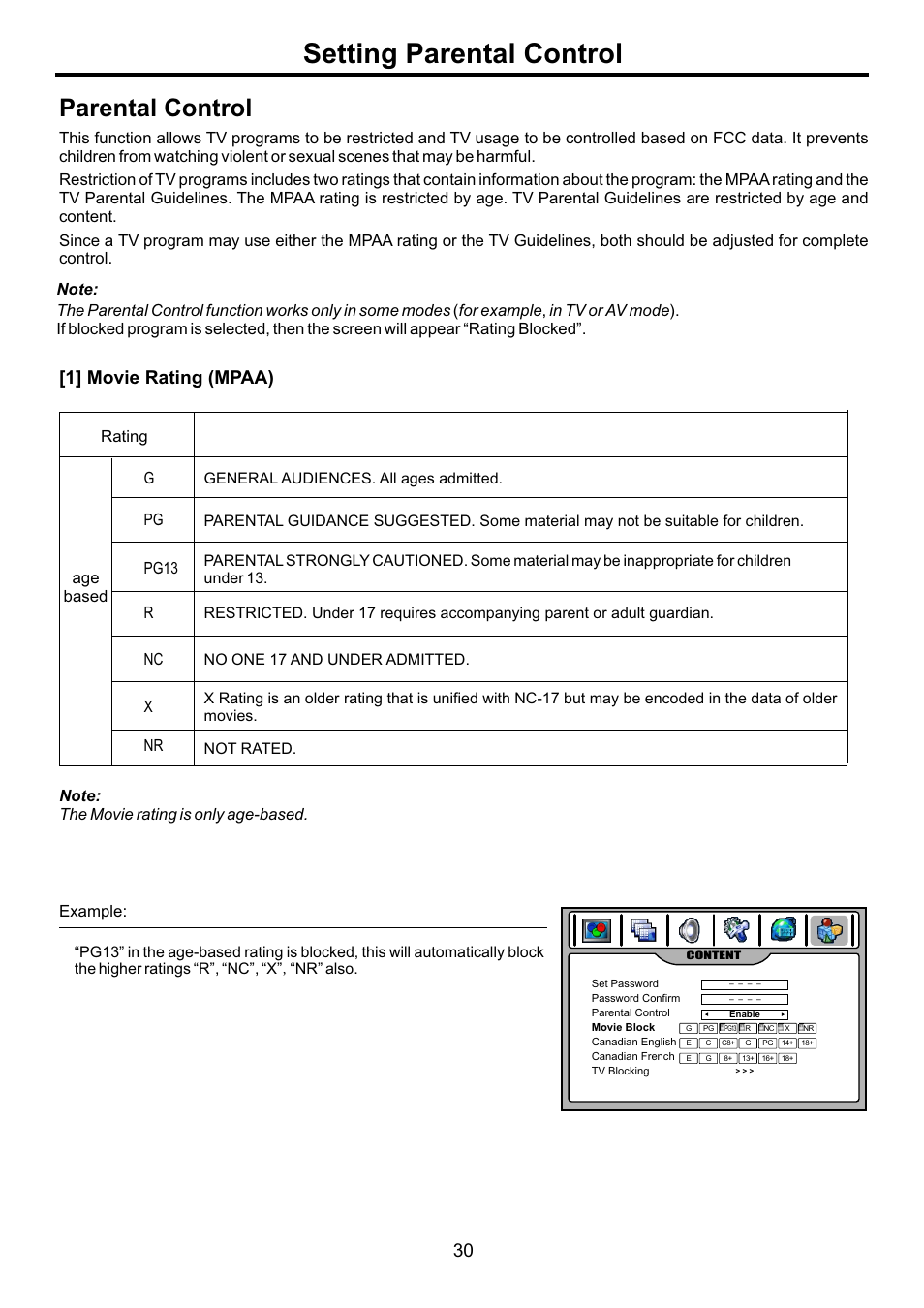 页面 32, Setting parental control, Parental control | 1] movie rating (mpaa) | Audiovox FPE4707HR User Manual | Page 32 / 54