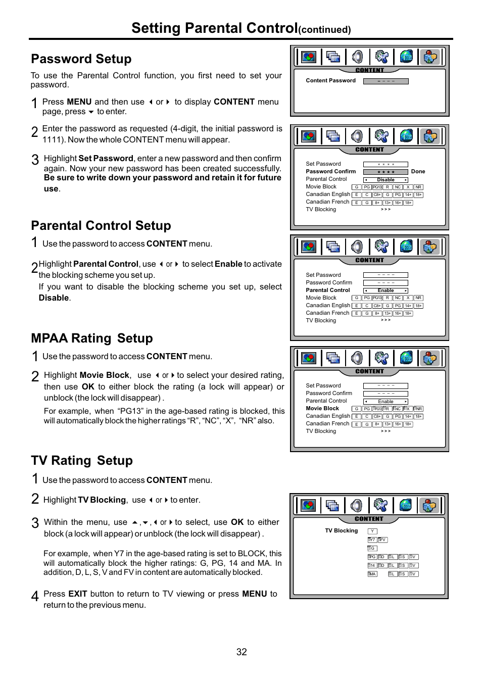 页面 34, Setting parental control, Password setup | Mpaa rating, Setup, Tv rating, Parental control setup, Continued) | Audiovox FPE4707HR User Manual | Page 34 / 54