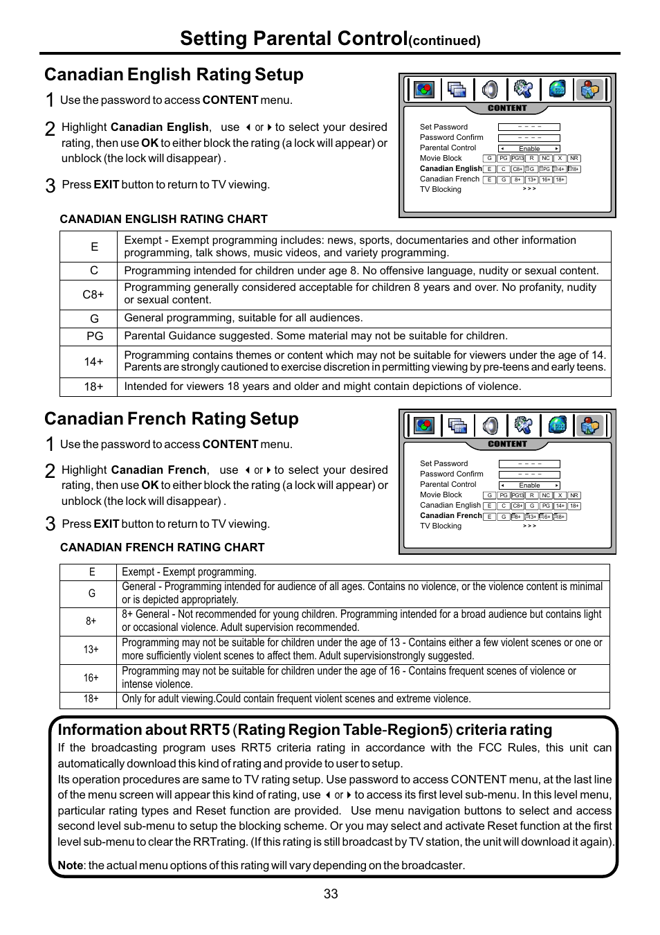 页面 35, 3setting parental control, Canadian | French rating, Setup, English rating, Continued) | Audiovox FPE4707HR User Manual | Page 35 / 54