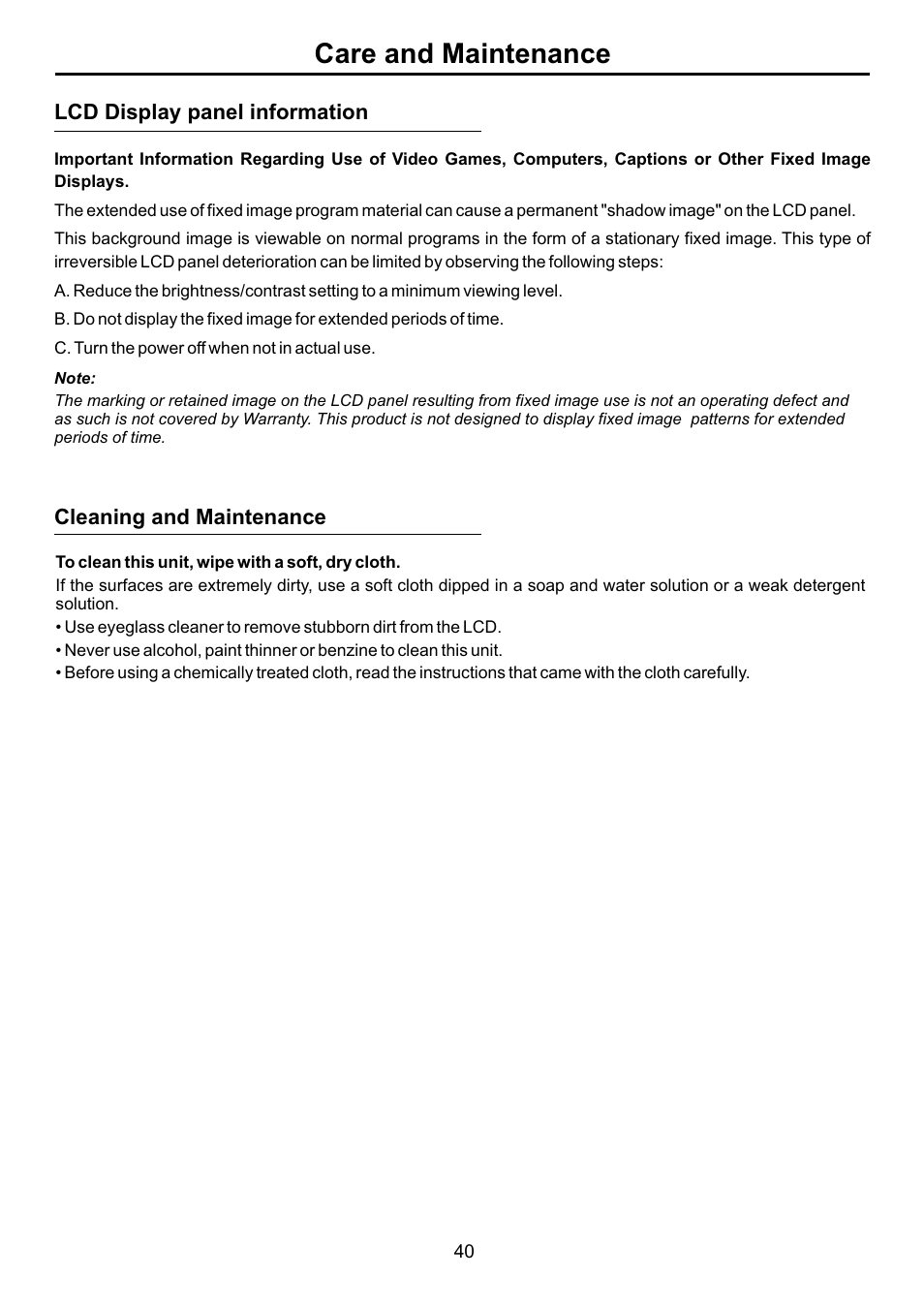 页面 42, Care and maintenance | Audiovox FPE4707HR User Manual | Page 42 / 54