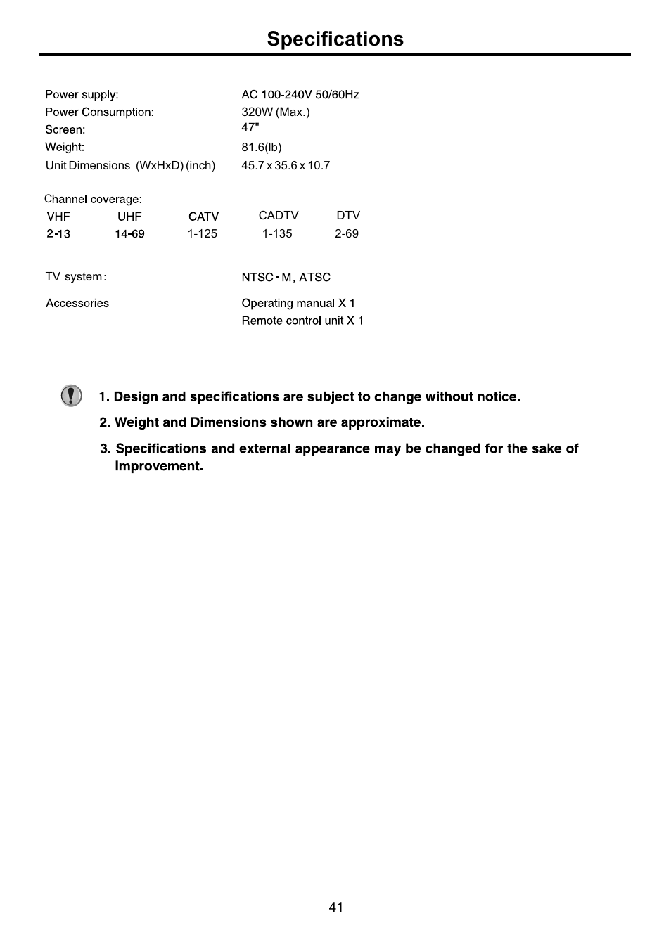 页面 43, Specifications | Audiovox FPE4707HR User Manual | Page 43 / 54