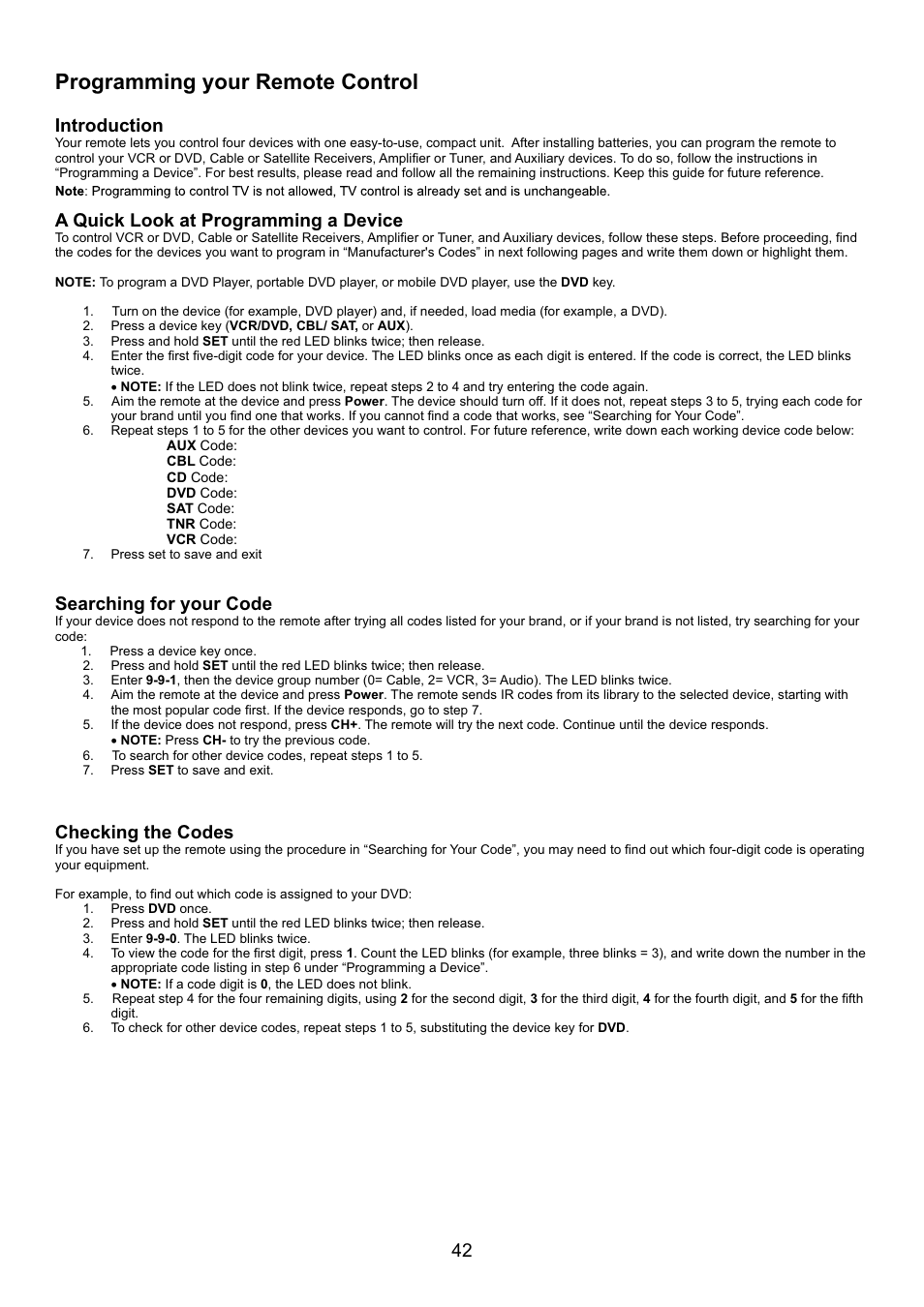 页面 44, Programming your remote control, Introduction | A quick look at programming a device, Searching for your code, Checking the codes | Audiovox FPE4707HR User Manual | Page 44 / 54