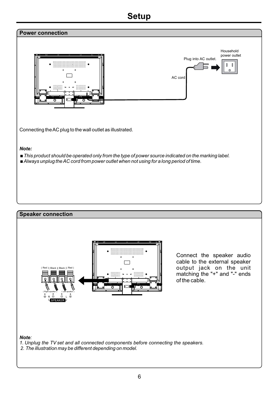 页面 8, Setup, Speaker connection | Audiovox FPE4707HR User Manual | Page 8 / 54