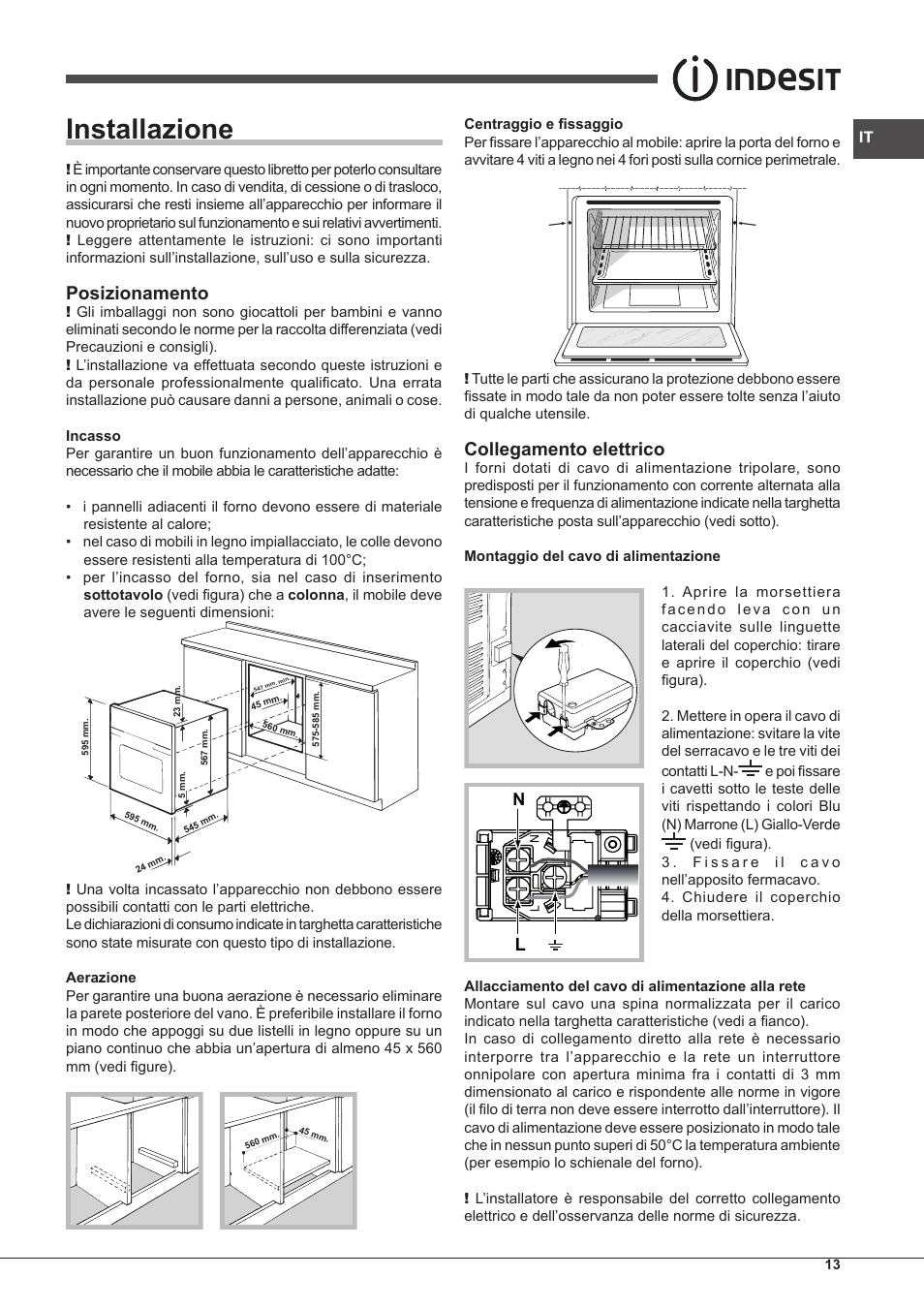 Installazione, Posizionamento, Collegamento elettrico | Indesit IFG-63-K.A-(WH)-S User Manual | Page 13 / 72