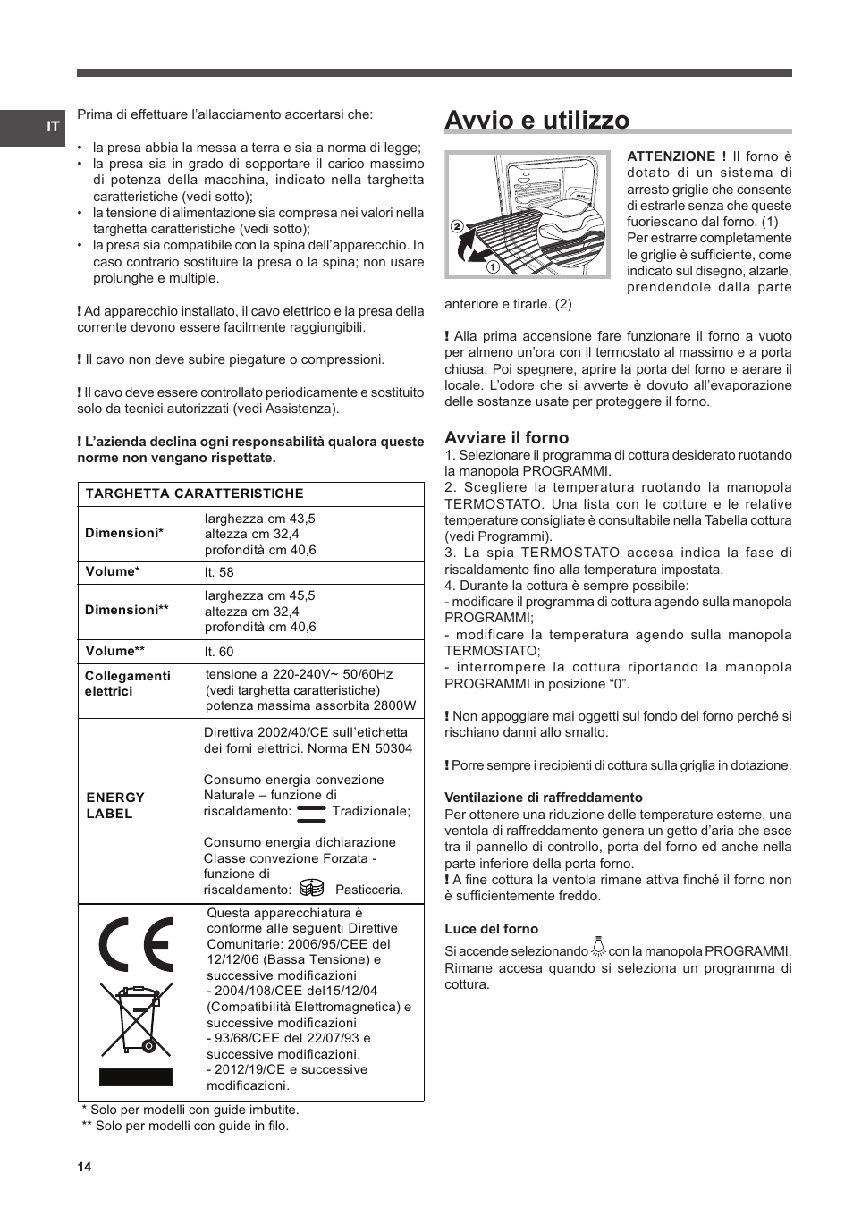 Avvio e utilizzo, Avviare il forno | Indesit IFG-63-K.A-(WH)-S User Manual | Page 14 / 72