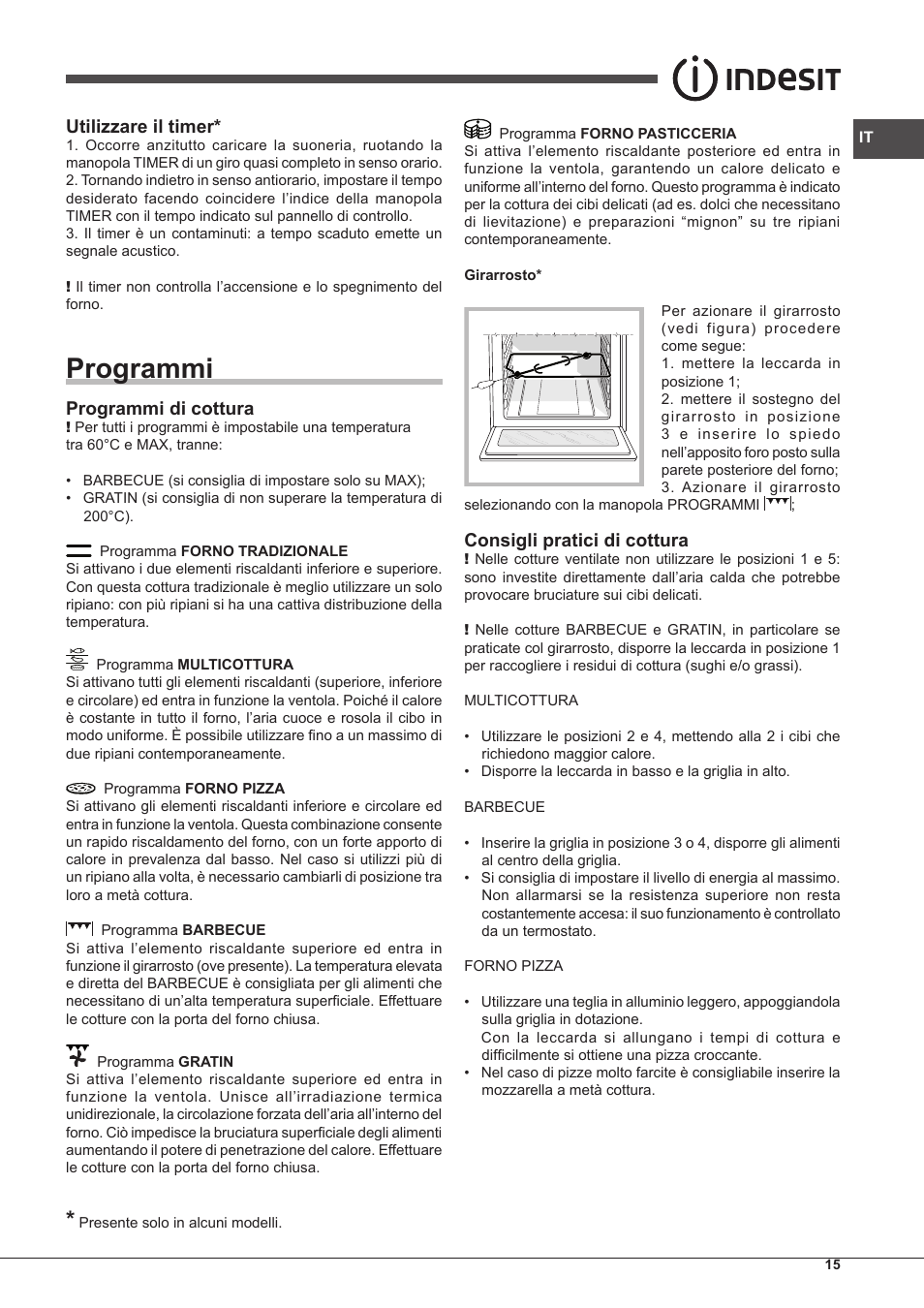 Programmi, Utilizzare il timer, Programmi di cottura | Consigli pratici di cottura | Indesit IFG-63-K.A-(WH)-S User Manual | Page 15 / 72