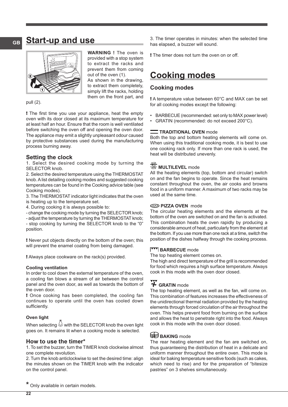 Start-up and use, Cooking modes, Setting the clock | How to use the timer | Indesit IFG-63-K.A-(WH)-S User Manual | Page 22 / 72