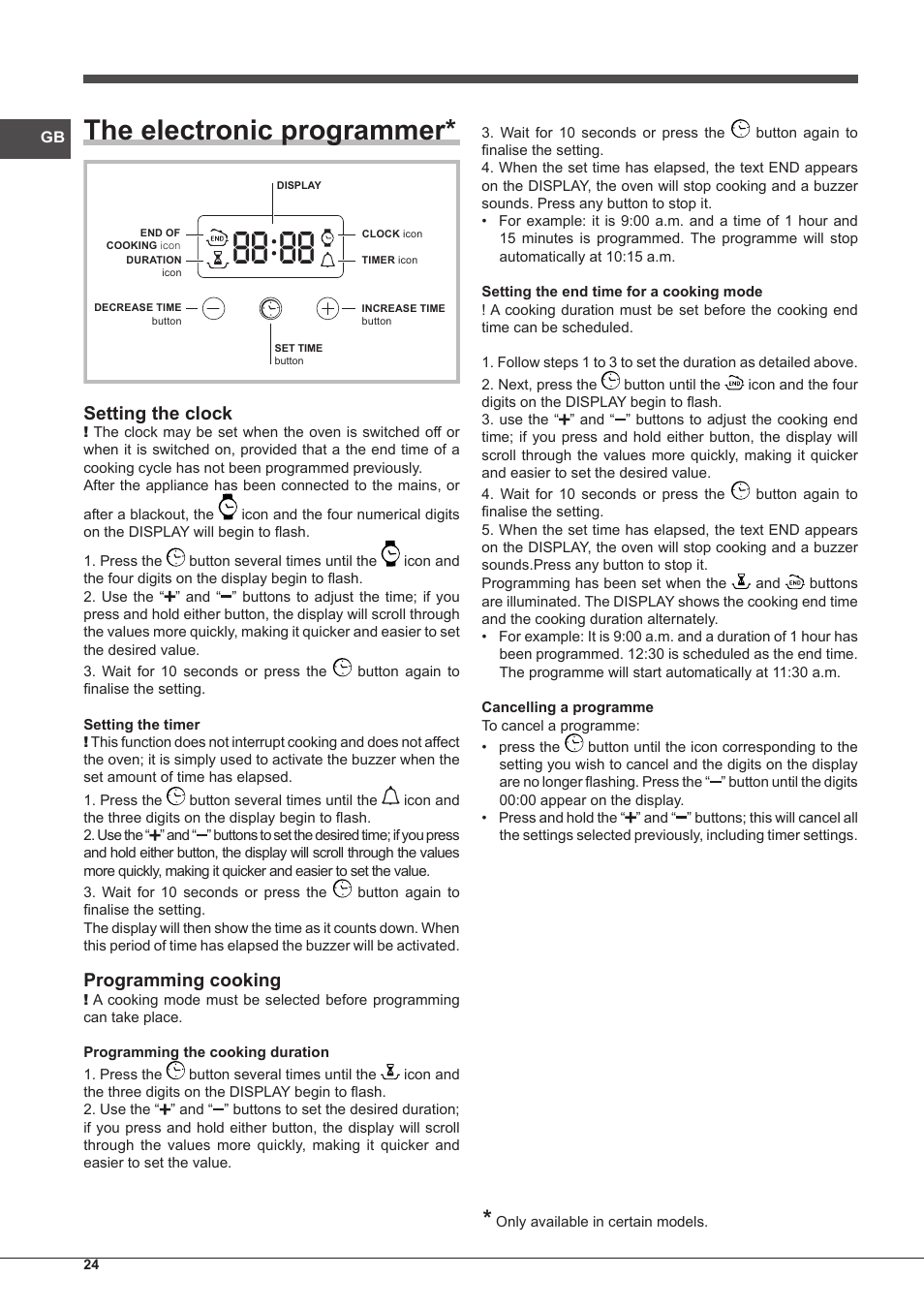 The electronic programmer, Setting the clock, Programming cooking | Indesit IFG-63-K.A-(WH)-S User Manual | Page 24 / 72